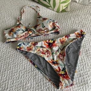 Cupshe floral/ stripe reversible bikini